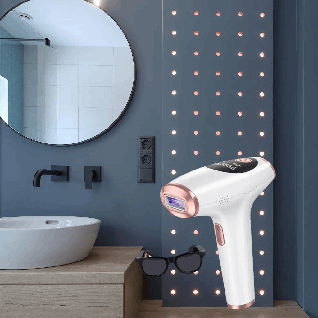 White and rose gold laser IPL hair removal device on a bathroom counter with a mirror and sink in the background.