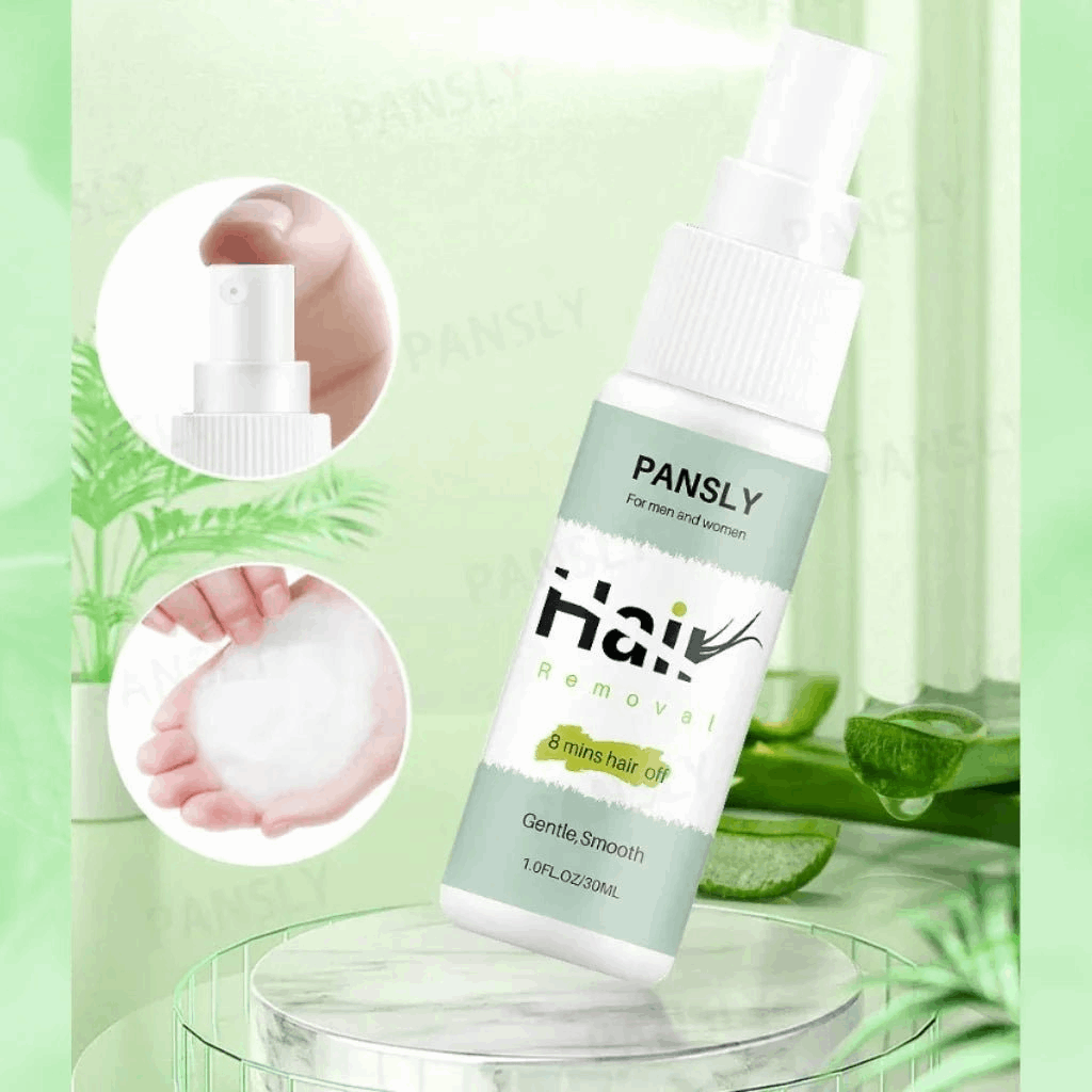PANSLY unisex hair removal spray on a green background with aloe vera leaves.