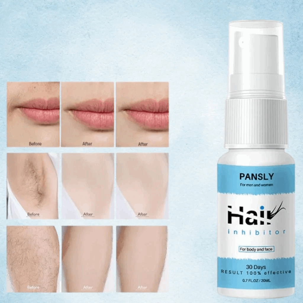 PANSLY hair inhibitor spray bottle with 'Before' and 'After' skin comparison images on a light blue background