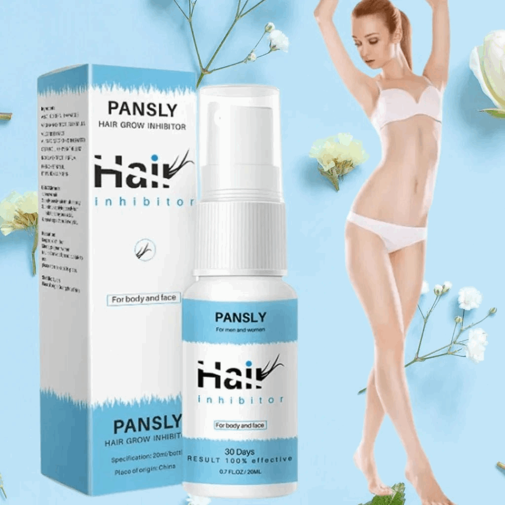 PANSLY Hair Inhibitor packaging and bottle on a light blue background with a woman in underwear.