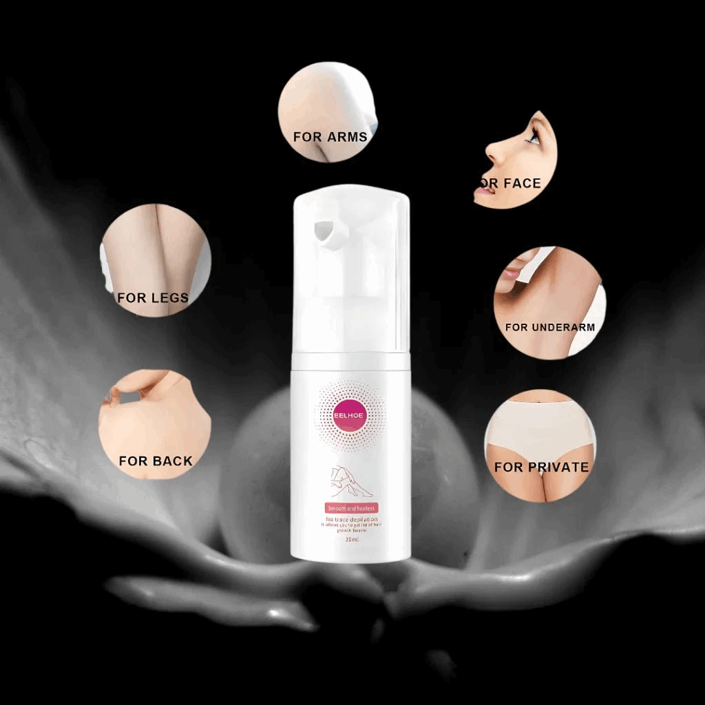 White unisex hair removal spray bottle with labeled uses on a black background