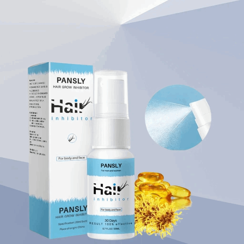 PANSLY Hair Inhibitor packaging and bottle on a light blue background
