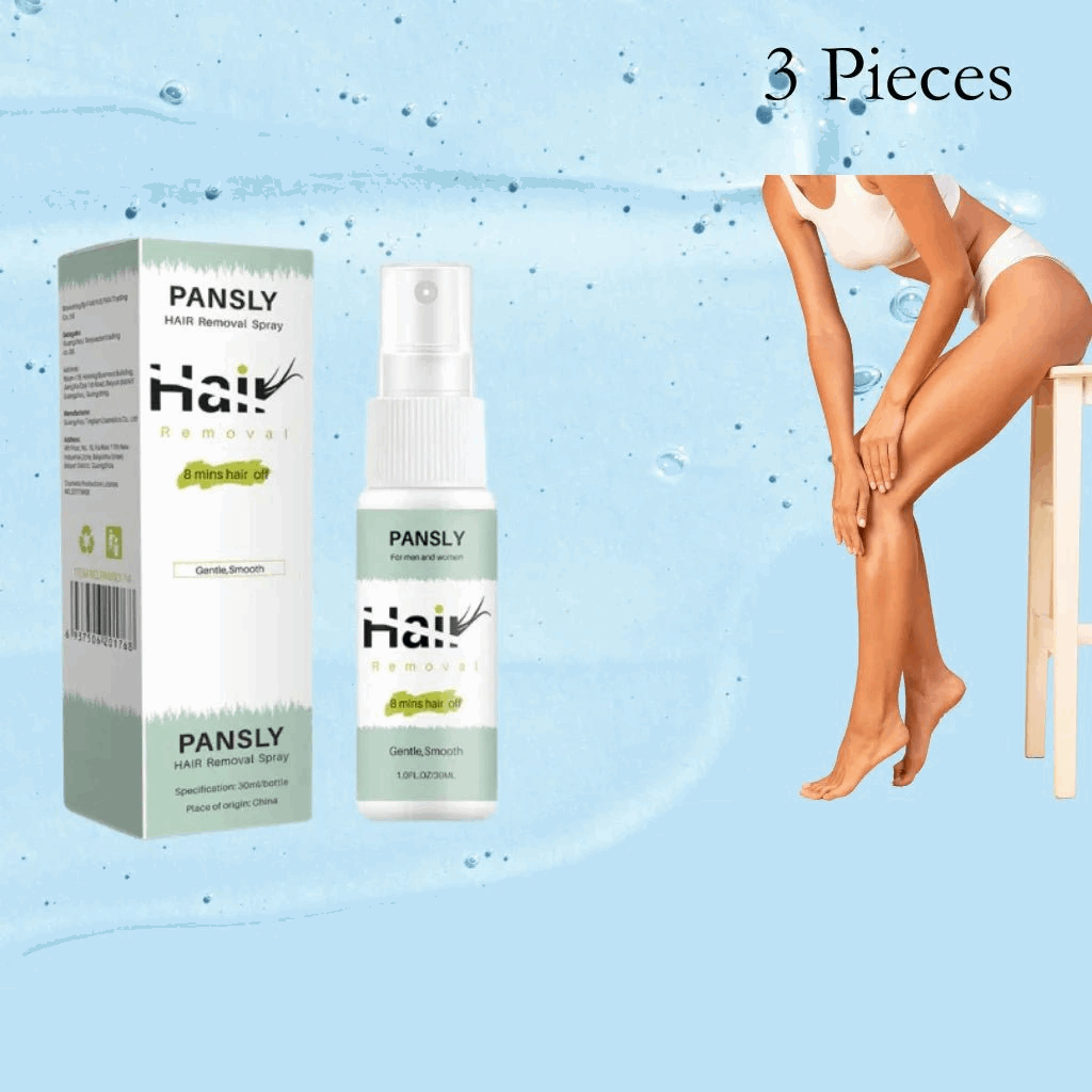 PANSLY hair removal spray with packaging and a person showing smooth legs on a light blue background.