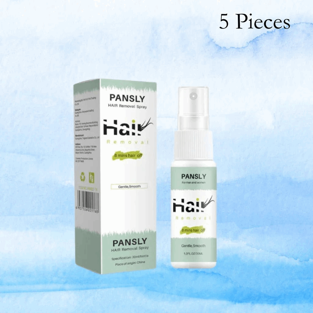 Pansly hair removal spray bottle and packaging on a blue background