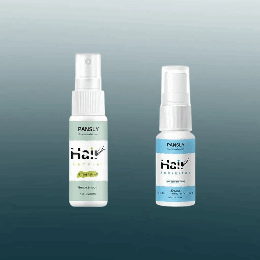 Two bottles of PANSLY Hair Remover on a gradient gray background