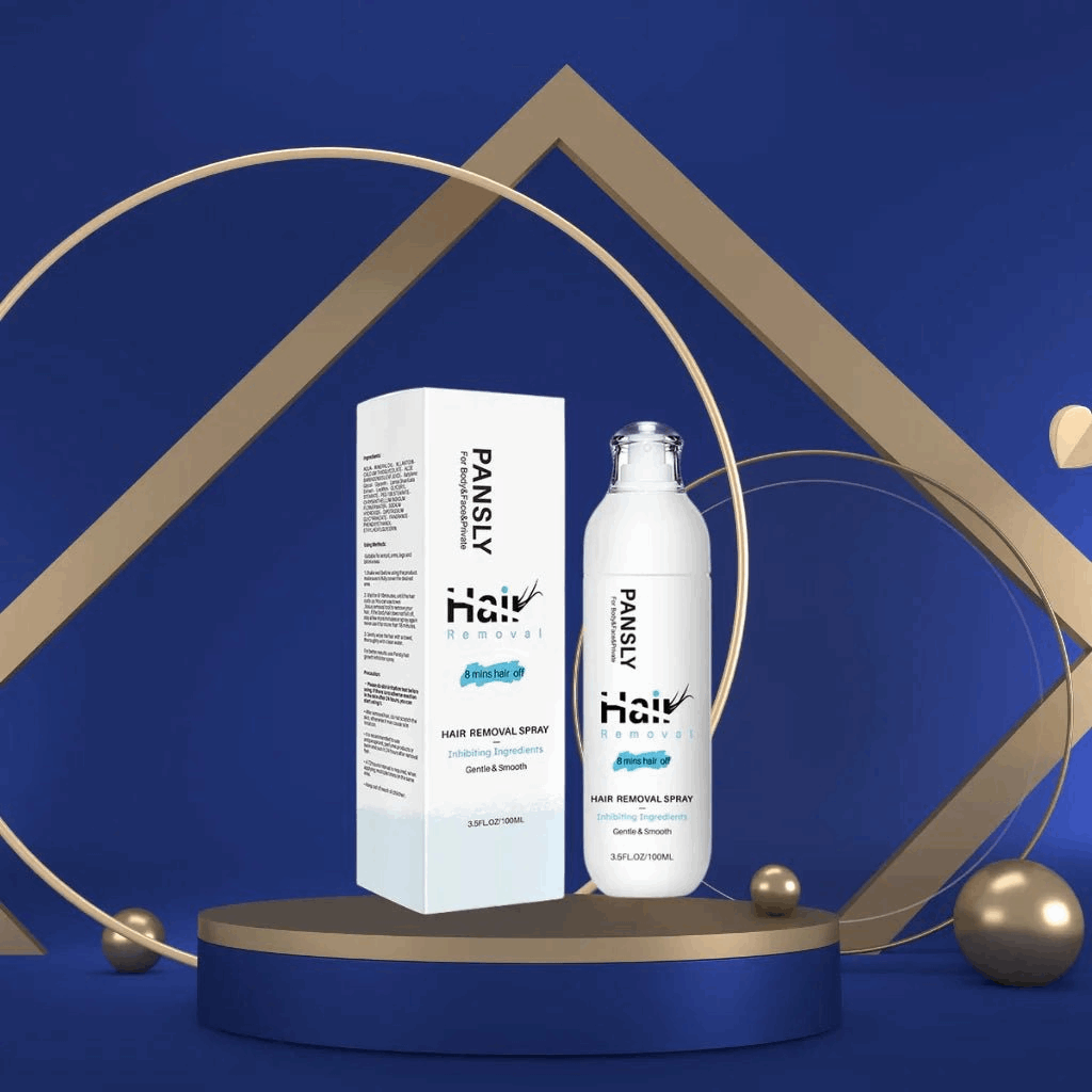 PANSY hair removal spray bottle and packaging on a blue background with geometric shapes.