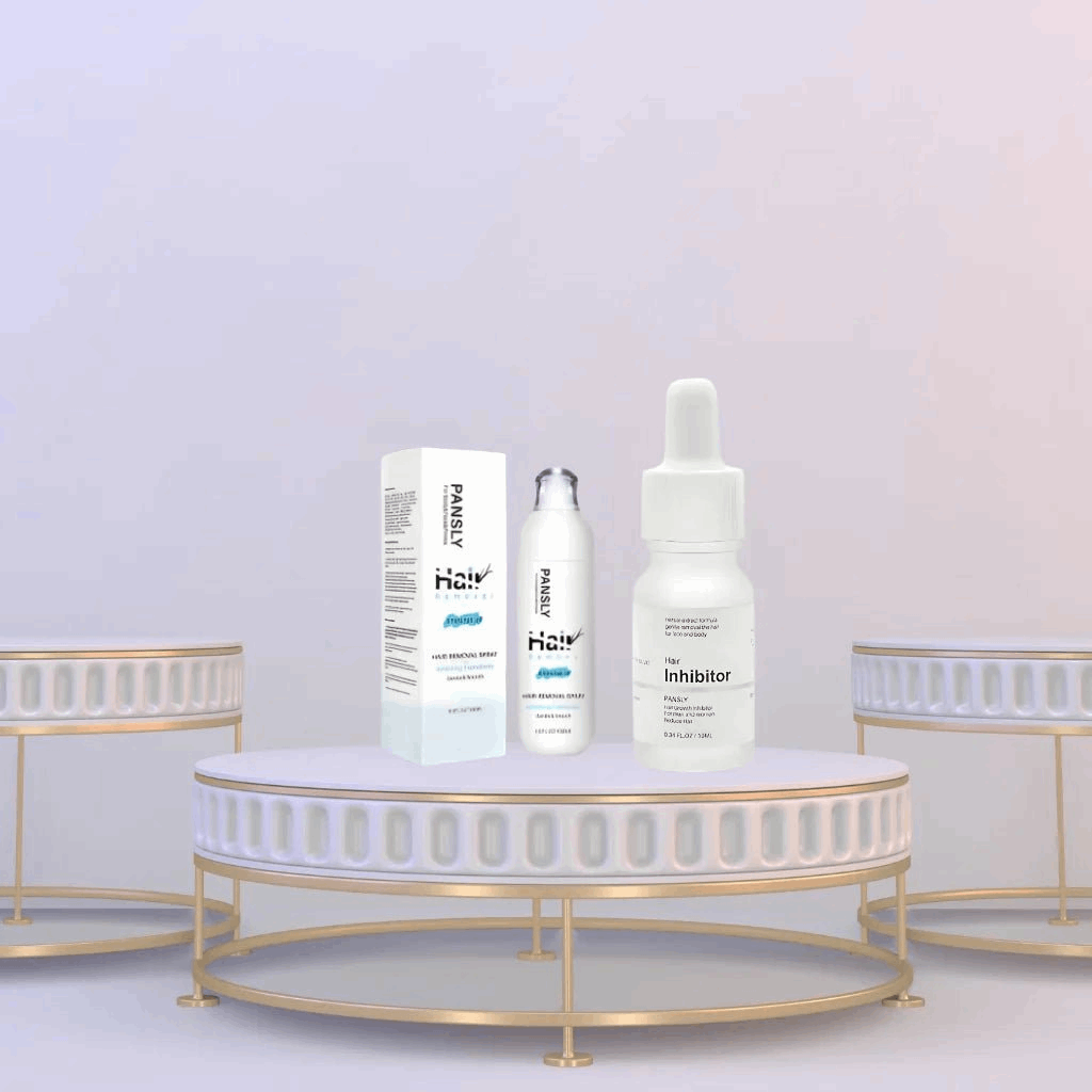 Skincare products on a decorative table with a light purple background