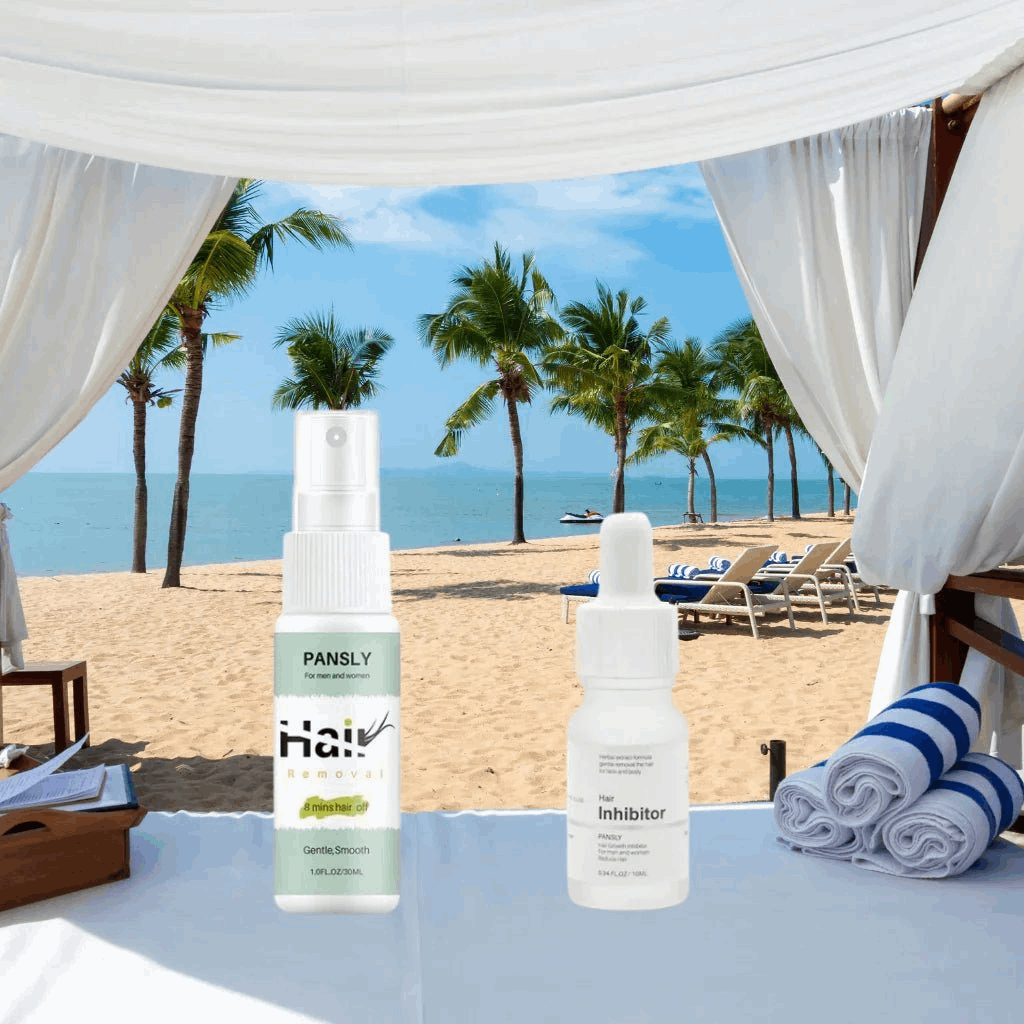 Two skincare products on a table with a beach and palm trees in the background