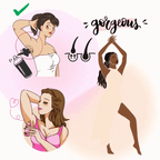Illustrations of women with different body hair styles and the word 'gorgeous' on a pink background.