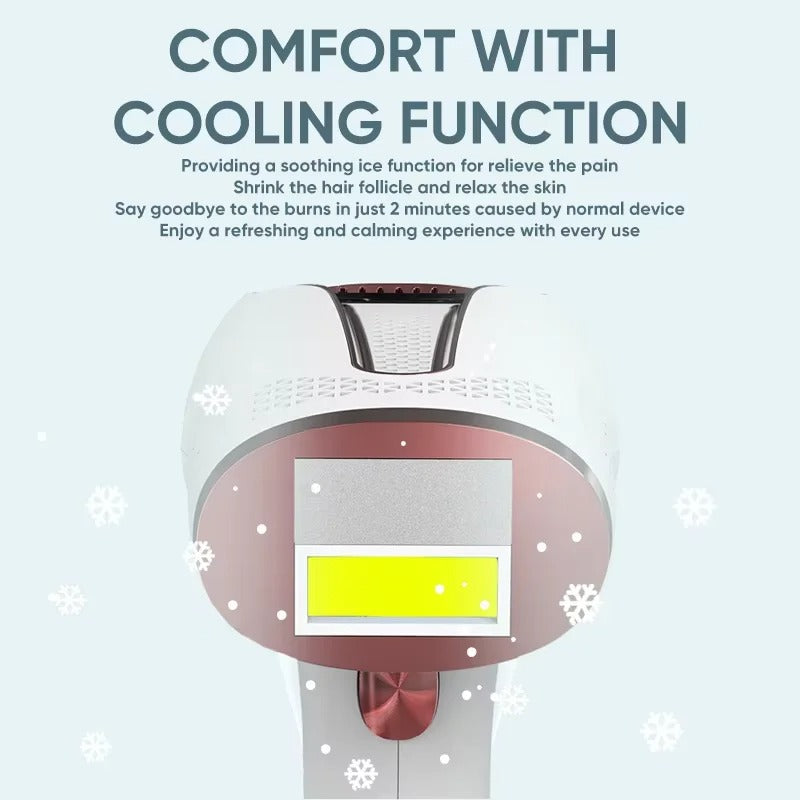 IPL device, packaging with text highlighting cooling function and soothing effects on skin and hair.