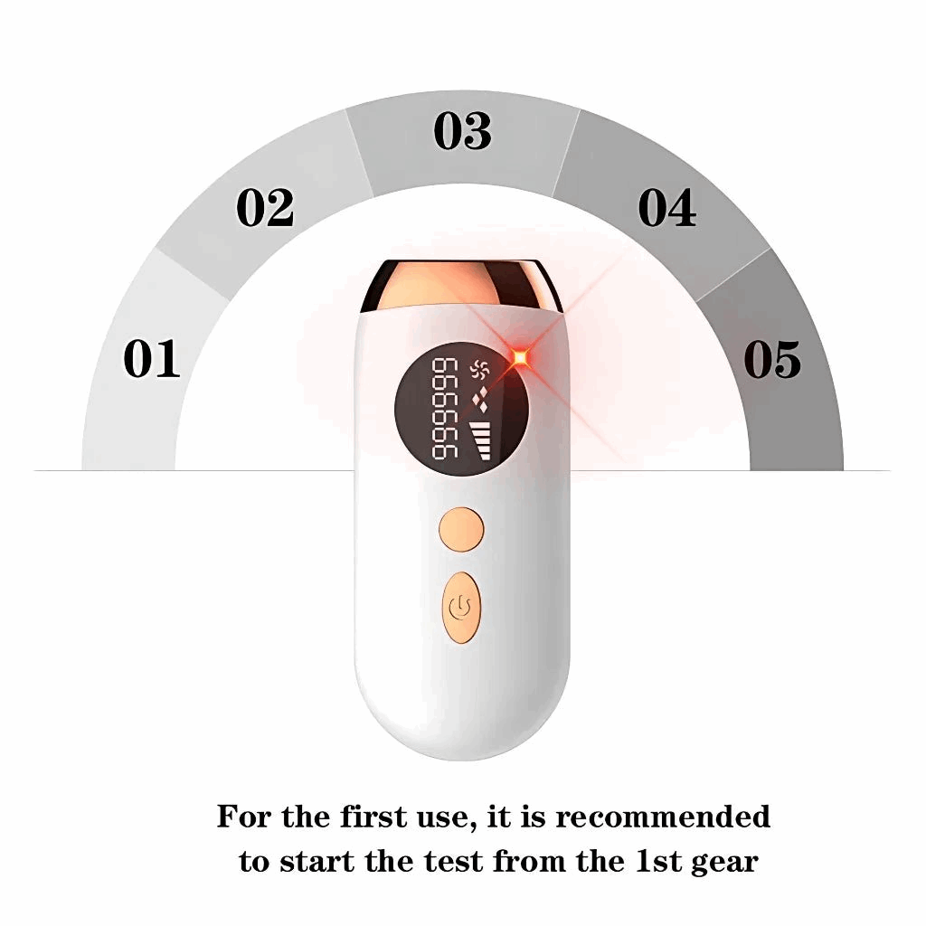 White IPL hair removal device with digital display and buttons on a white background