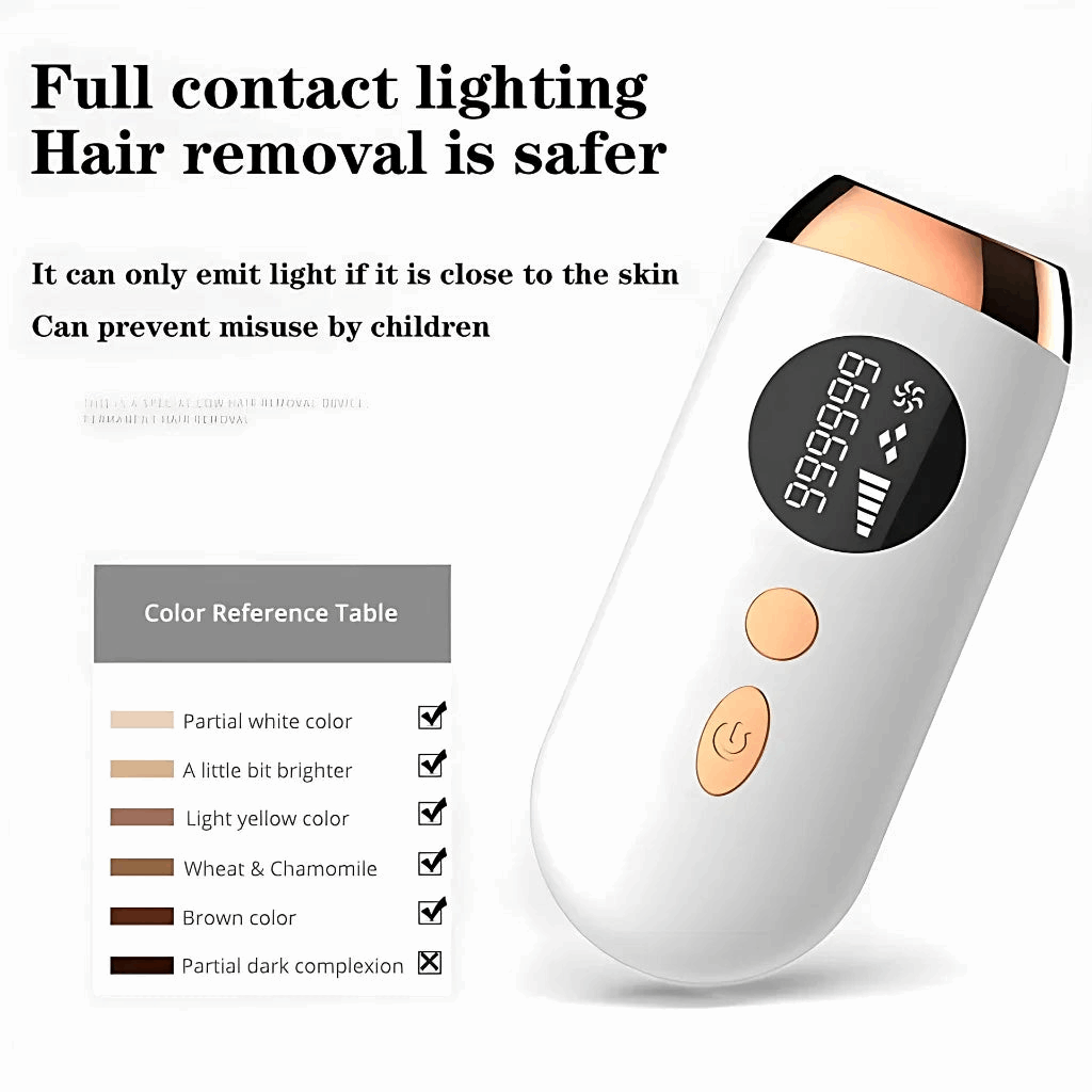 IPL hair removal device with safety features and color reference table on a white background