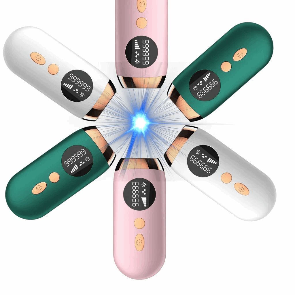 Six IPL hair removal device with digital displays and buttons on a white background