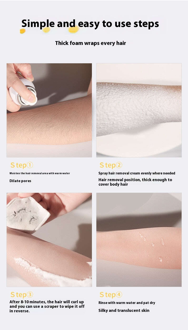 Step-by-step guide on using a hair removal spray with text and images of application.
