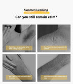 Text overlay on images of body hair with humorous summer-related scenarios.