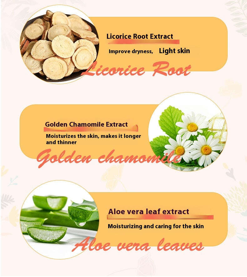 Product packaging with licorice root, chamomile, and aloe vera images and text on a light background.