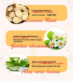 Product packaging with licorice root, chamomile, and aloe vera images and text on a light background.