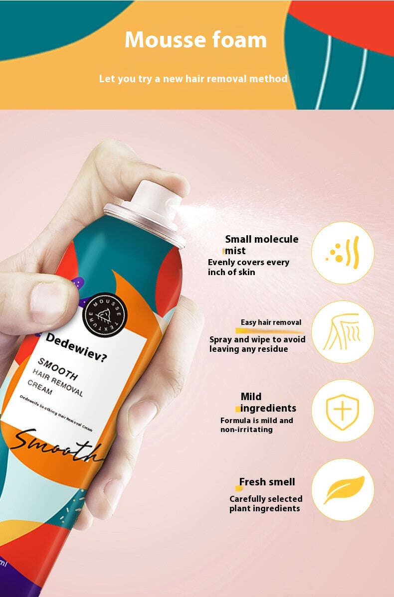 Hand holding a can of Dedewie hair removal spray with product features on a colorful background
