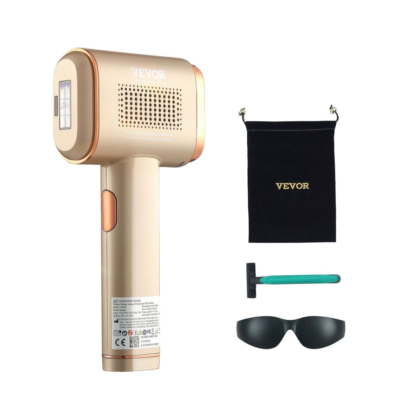 Gold Vevor IPL Hair reduction device with accessories on a white background