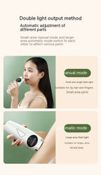 Person using a IPL Hair reduction device with text on double light output method and mode switches.