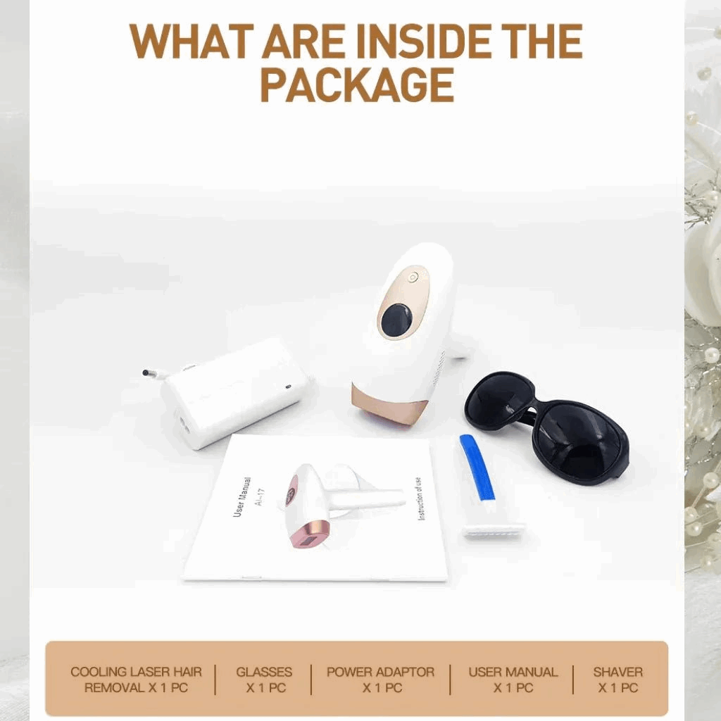 Product packaging with cooling laser hair removal device, glasses, power adapter, user manual, and shaver on a white background.
