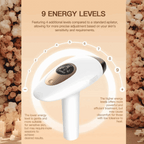 IPL hair removal device with energy level display on a beige background with floral decorations