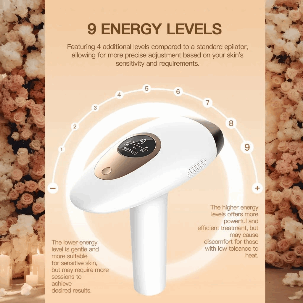 IPL hair removal device with energy level display on a beige background with floral decorations