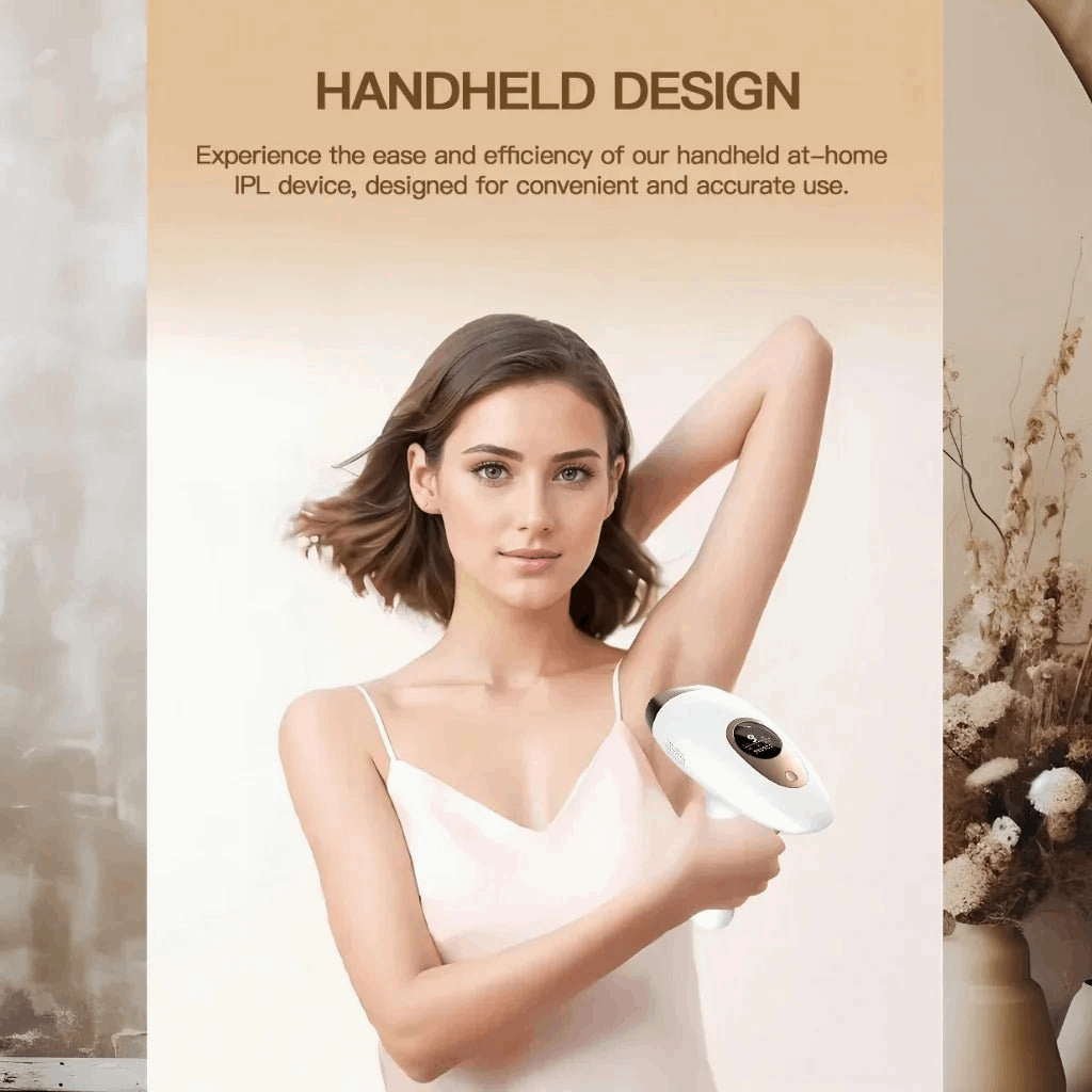 Woman using a handheld IPL device with text about its design and benefits.