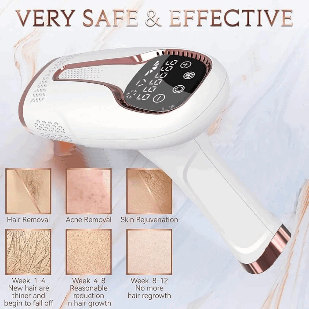 IPL hair removal device with hair removal, acne removal, and skin rejuvenation benefits on a light background.