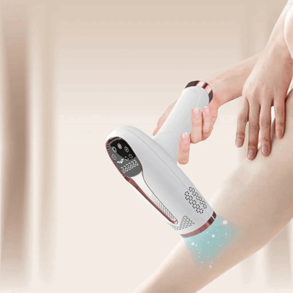IPL hair removal device being used on a leg with a soft background