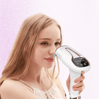 Woman using an IPL hair removal device on her face against a light pink background