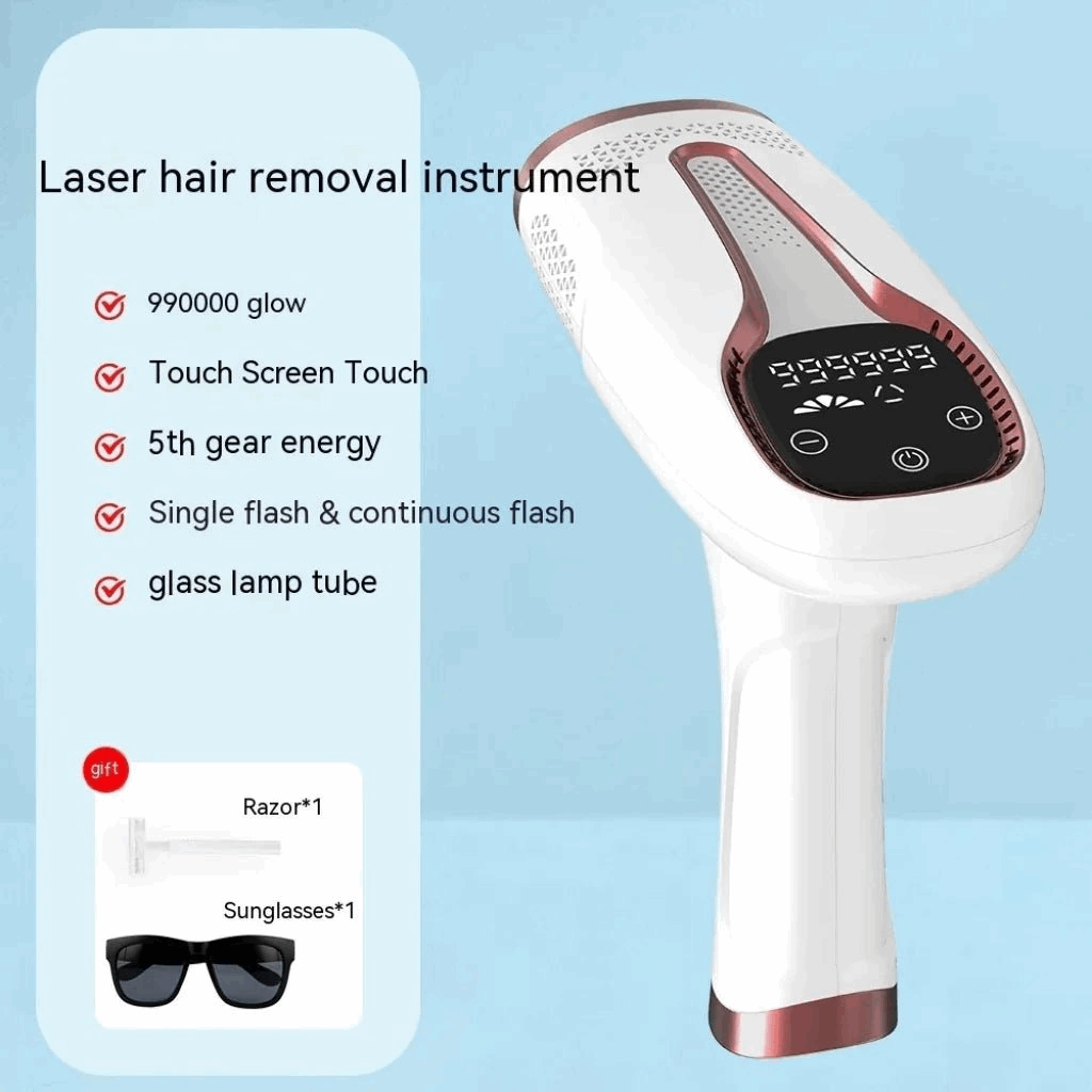 IPL hair removal device with features listed on a light blue background