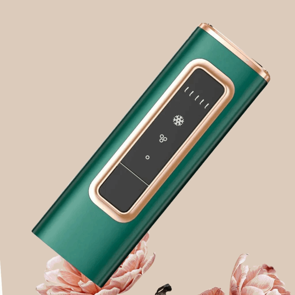 Green IPL hair removal device with gold accents on a beige background