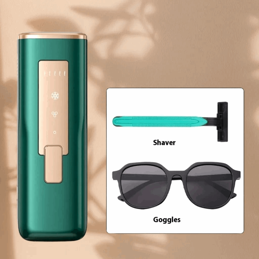 Green and rose gold IPL hair removal device with inset of shaver and sunglasses on a beige background