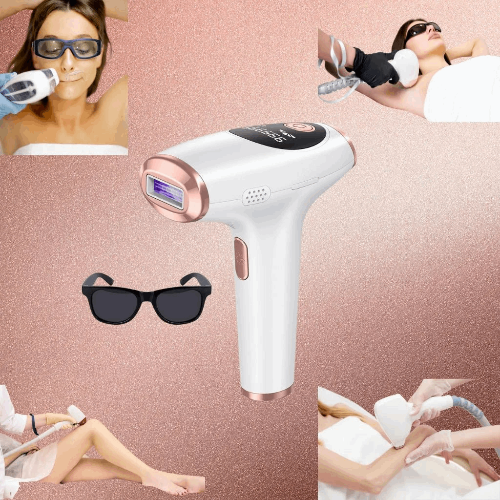  IPL hair removal device with women using it on a pink background