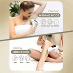 Woman using an IPL light grooming  hair removal device with labeled modes on a beige background
