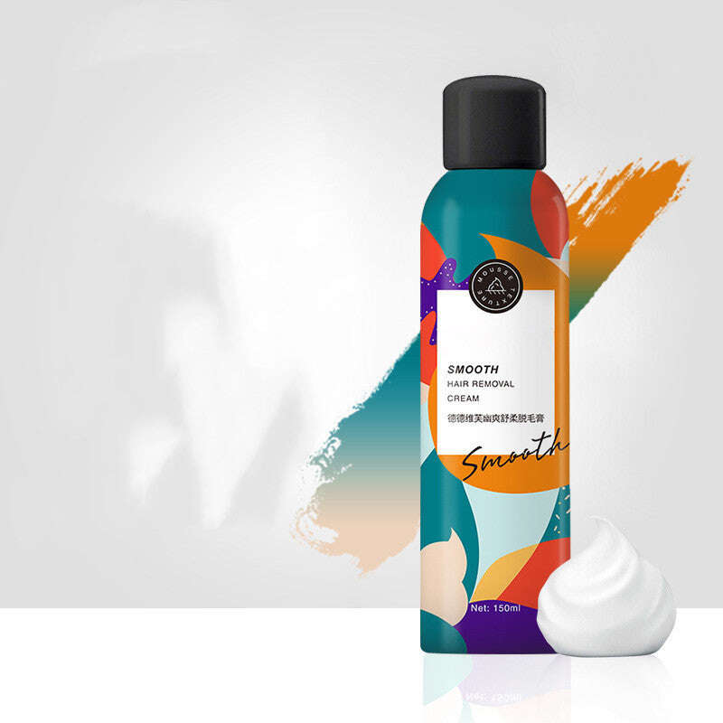 Colorful hair removal spray bottle with a white applicator on a light gray background