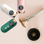 Three Hair care devices with digital displays and a Chanel makeup brush on a beige background.