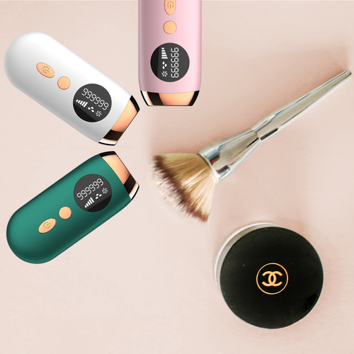 Three electronic devices with digital displays on a beige background, one of which is a Chanel makeup product.