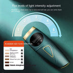IPL Hair reduction device with light intensity adjustment levels on a green background