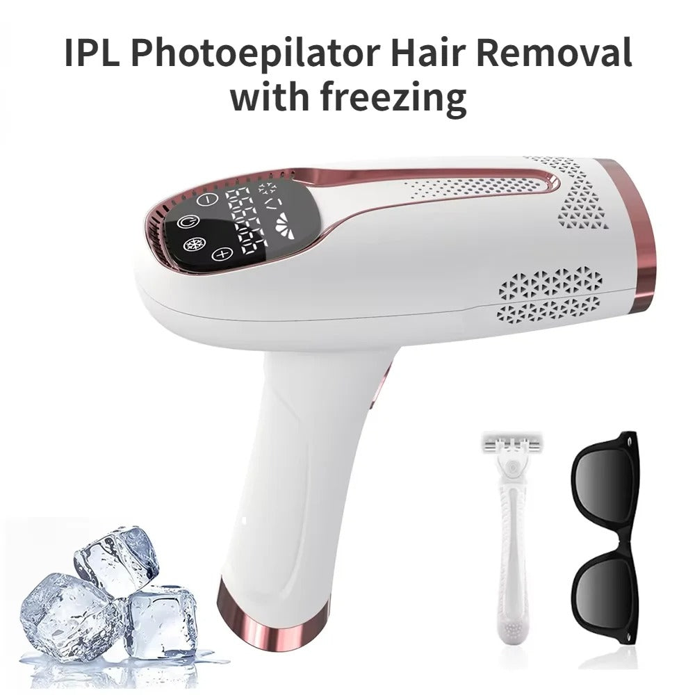 IPL photoepilator hair removal device with accessories on a white background