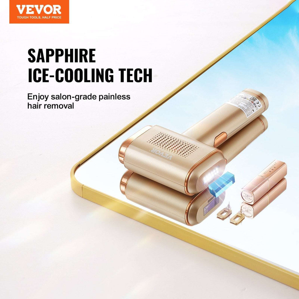IPL Hair reduction device with 'Vevor' branding and 'Sapphire Ice-Cooling Tech' text on a white background.