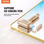 IPL Hair reduction device with 'Vevor' branding and 'Sapphire Ice-Cooling Tech' text on a white background.