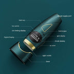 Green and gold IPL Hair reduction device with labeled parts on a dark green background