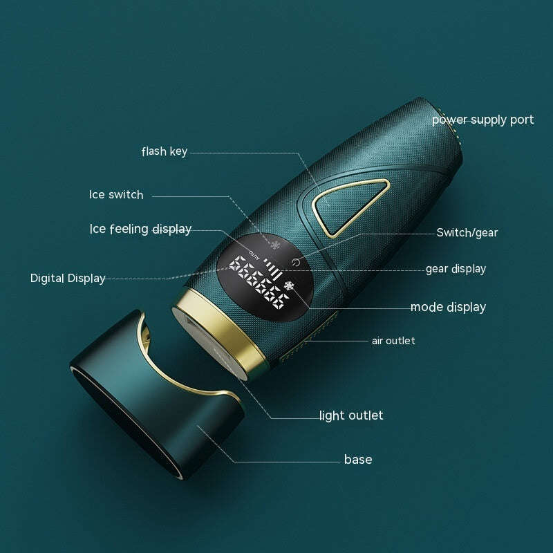Green and gold IPL Hair reduction device with labeled parts on a dark green background