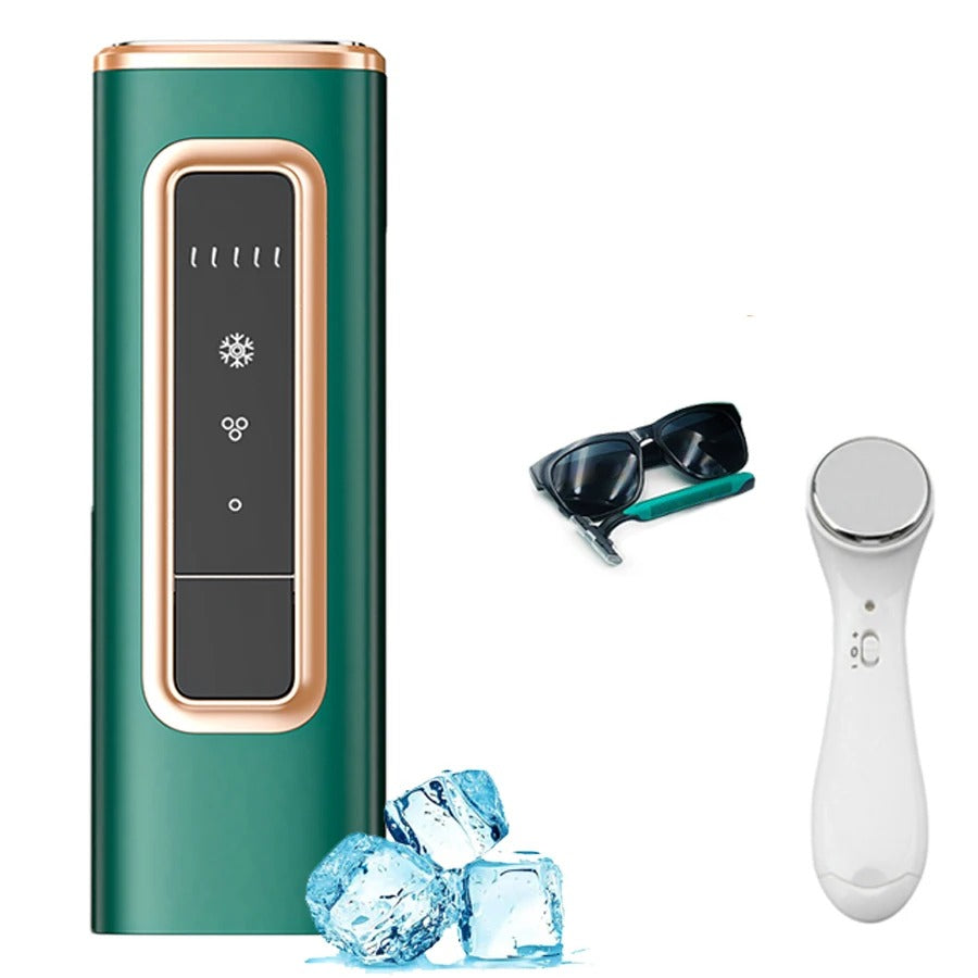 Green electronic device with rose gold accents, sunglasses, ice cubes, and a white handheld device on a white background.