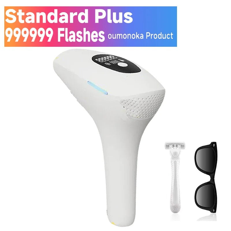 White hair removal device with a razor and sunglasses on a white background, labeled 'oumonoka Product'.