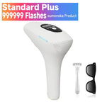 White hair removal device with a razor and sunglasses on a white background, labeled 'oumonoka Product'.